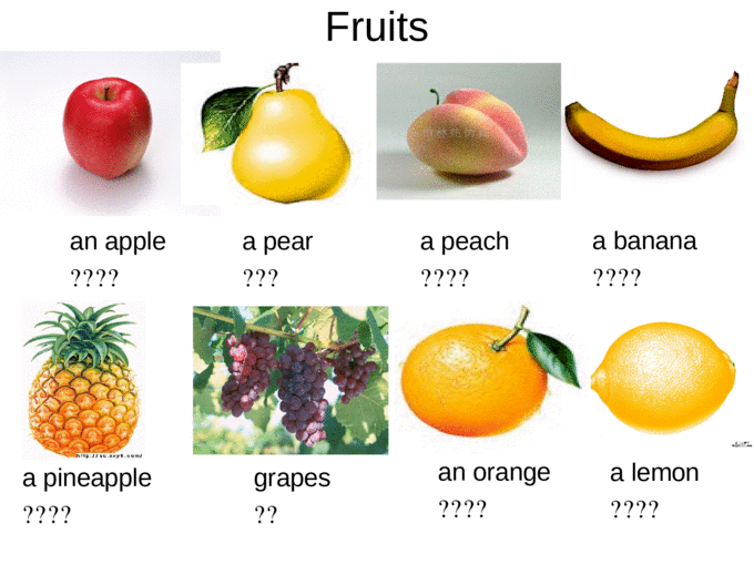 fruits an apple 一个苹果 a pear 一个梨 a peach 一
