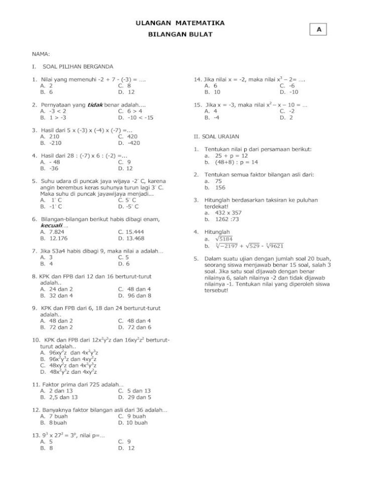 Soal bilangan bulat kelas 7 pdf
